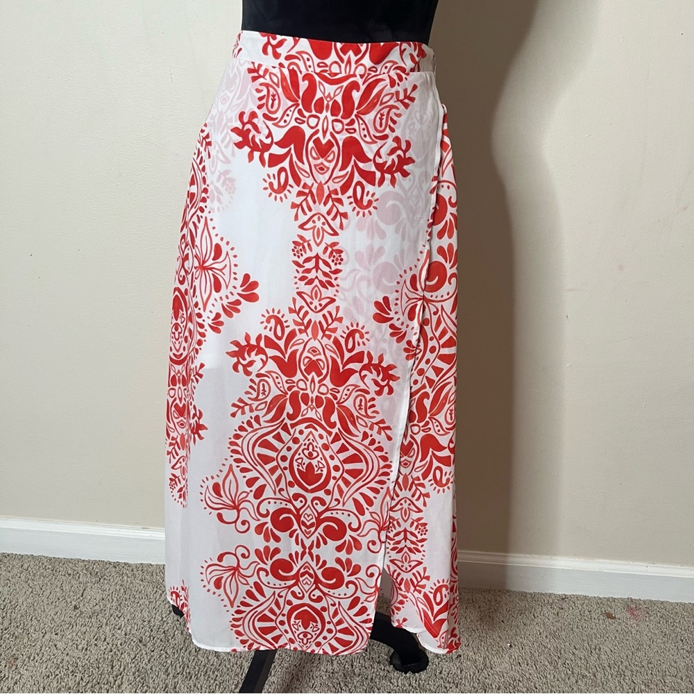 Show Me Your MuMu Women’s Orange/White Faux Wrap Chiffon Maxi Skirt Sz M